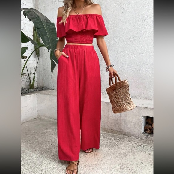 Boho off shoulder crop top and wide leg pants